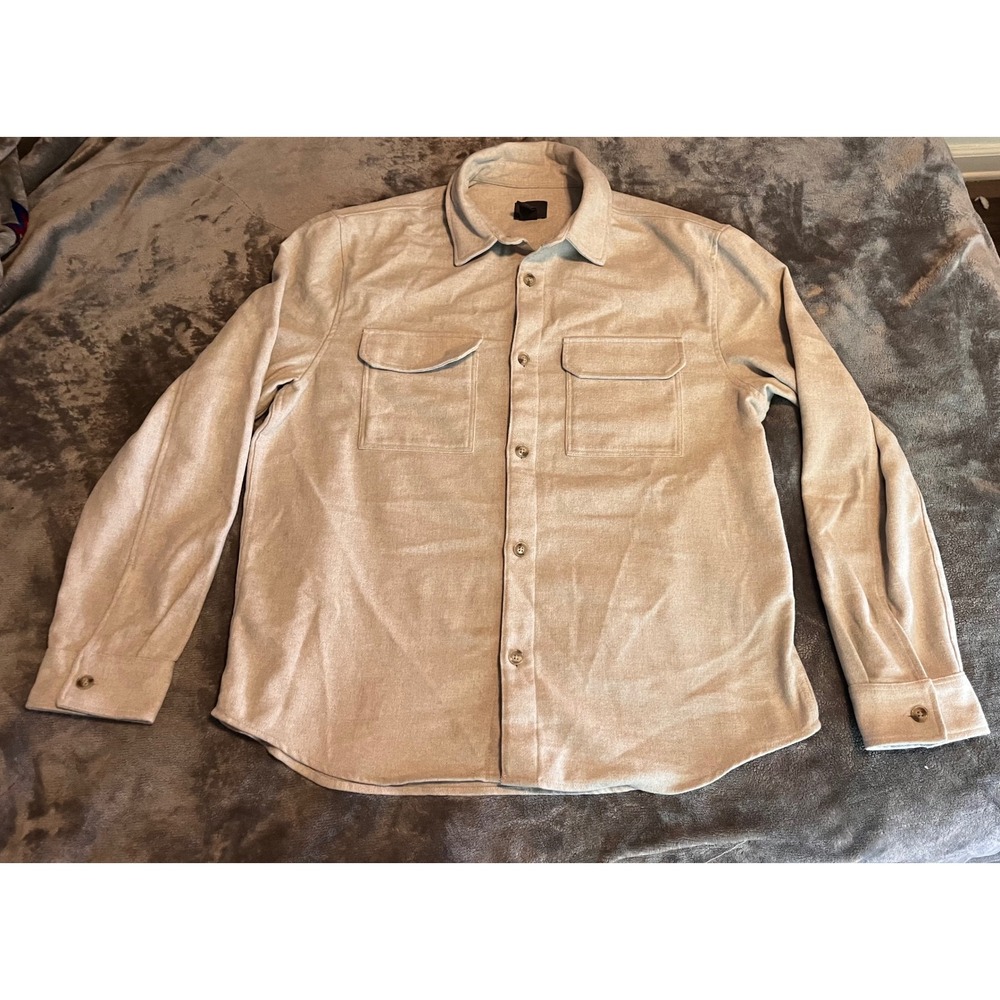 HM Mens Flannel Overshirt Beige Oatmeal Button Down Shacket Size Large